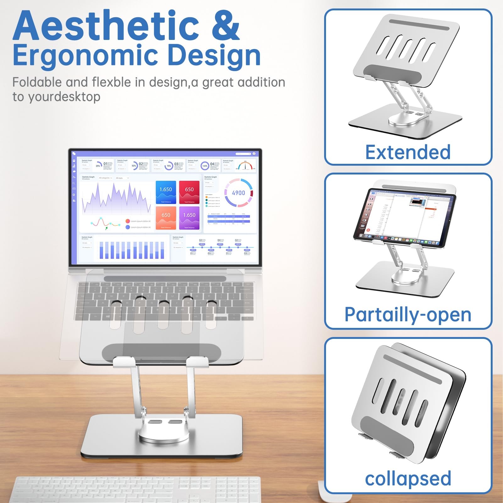 Laptop Stand Desk Adjustable Computer Riser 360 Rotating Base Foldable Mount