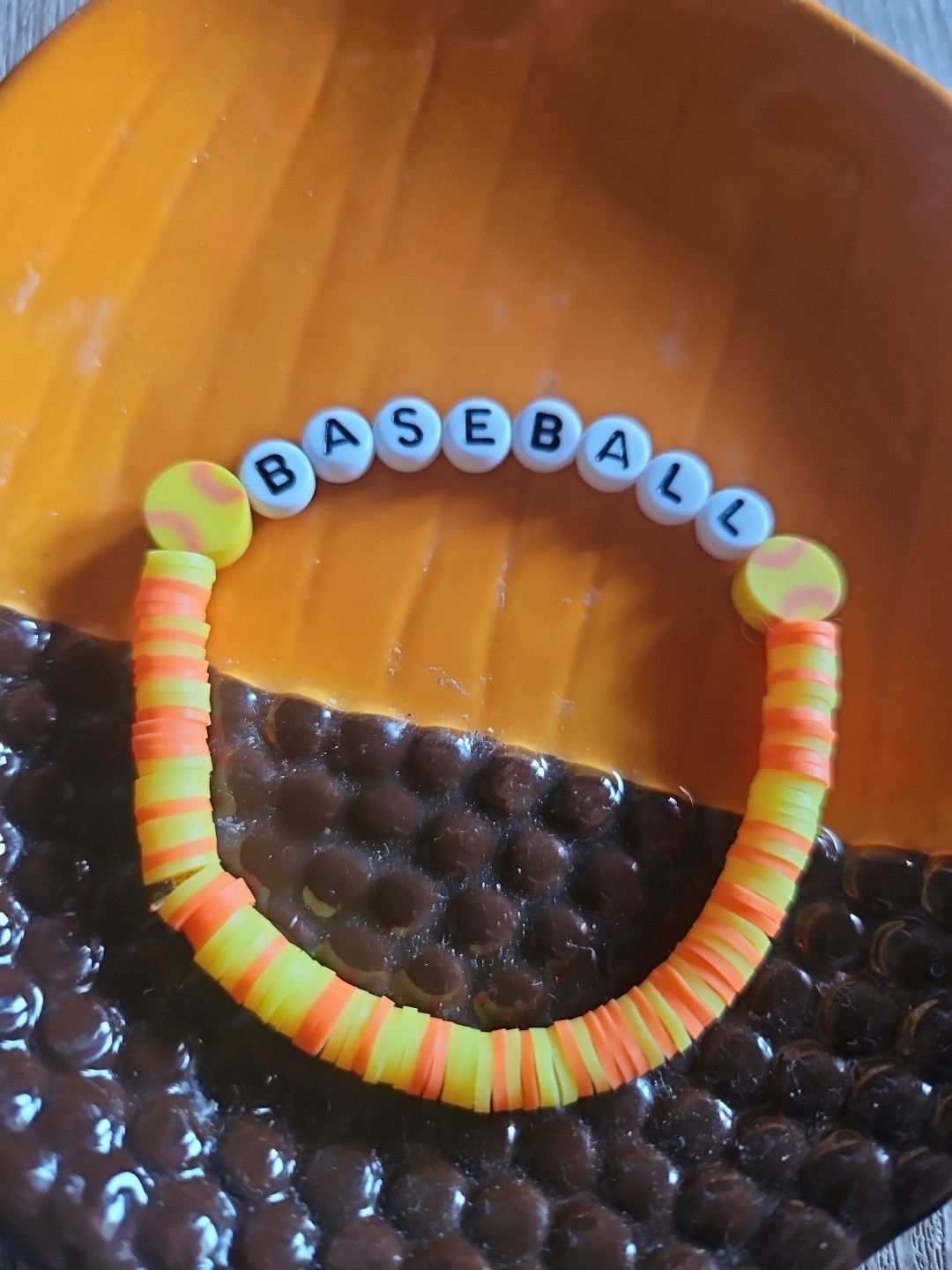 Handmade Stretchy Clay Beaded Bracelet Baseball Carm  7"