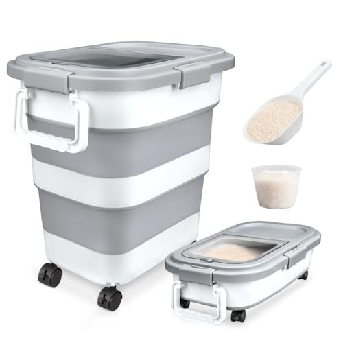 Airtight Collapsible Rice Storage Container 10-40 Lbs, Pet Food Bin with Scoop