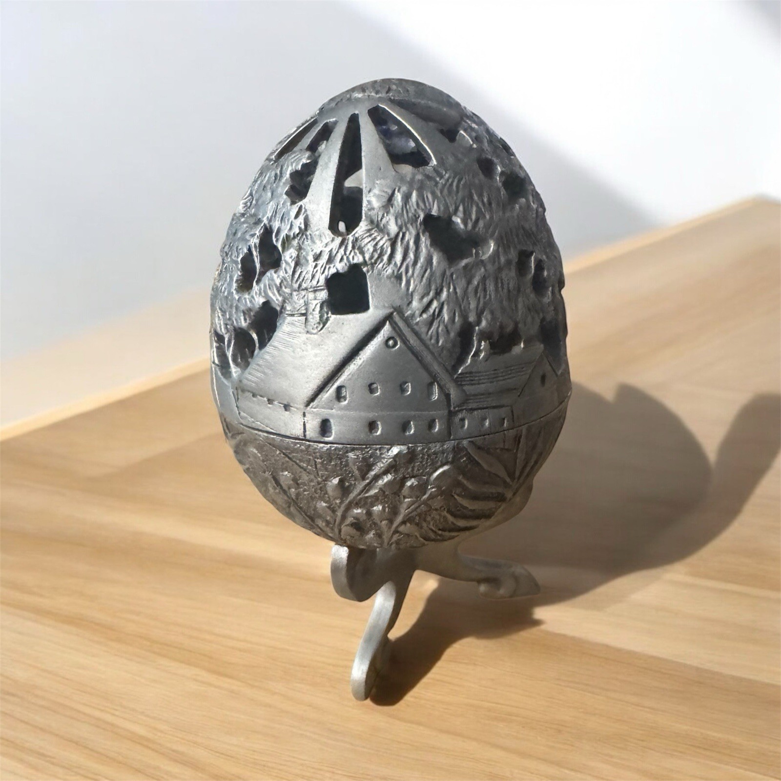 Pewter Port, 1985  Genuine Pewter Egg, Stand, Church steeple 2.5x1.5”