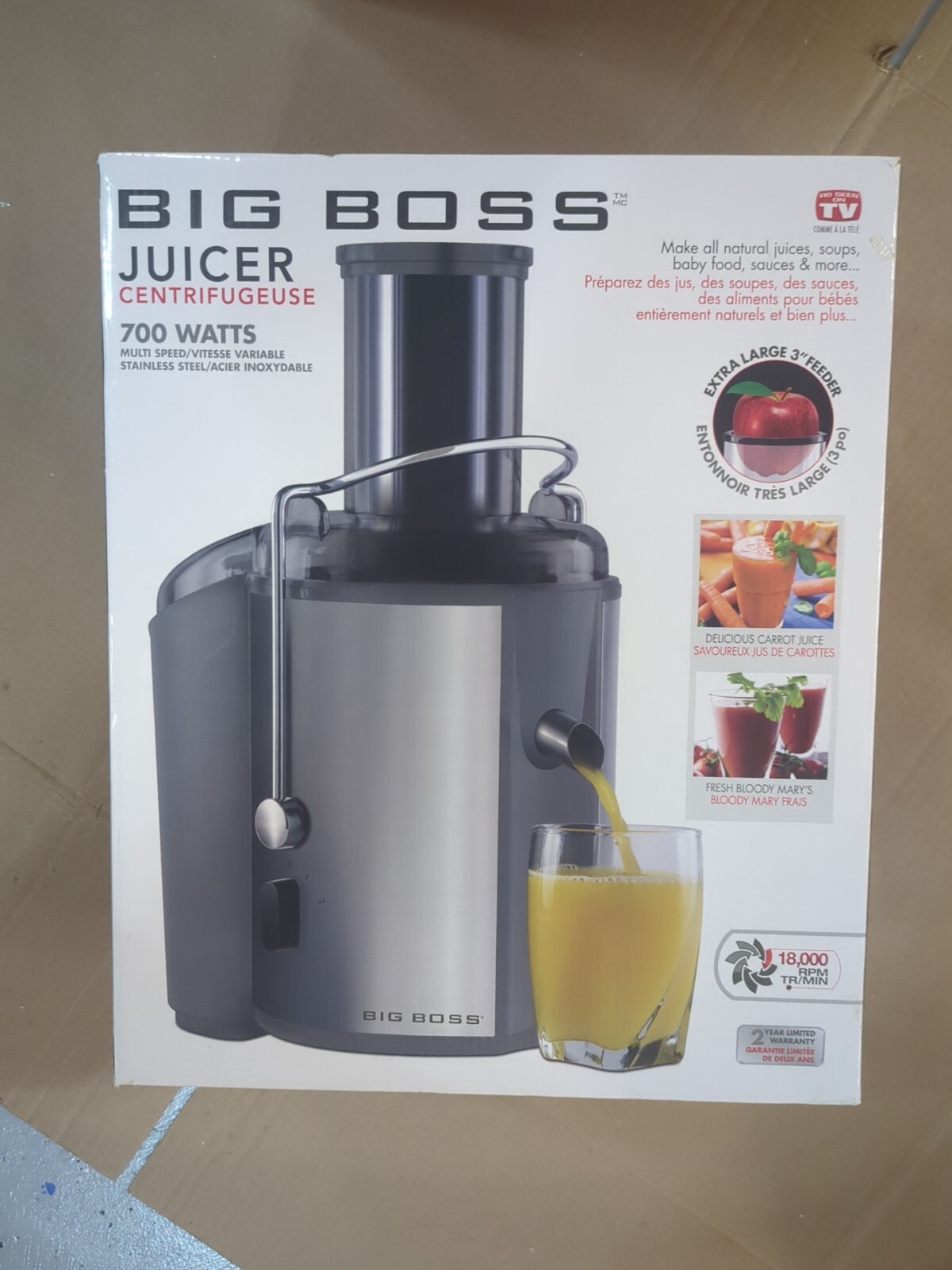 BIG BOSS JUICER 700 Watts w/Extra Large 3-inch Feeder 18000 RPM New