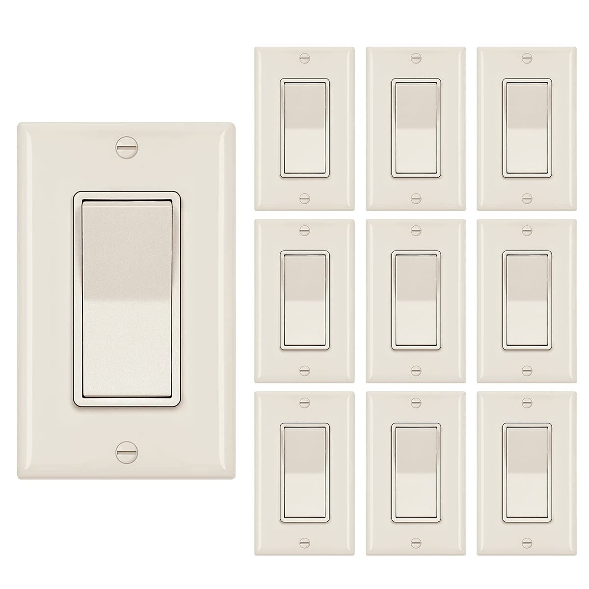 Decora 3 Way Light Switch ivory, Single Pole Paddle Rocker UL ,15A ,10 Pack