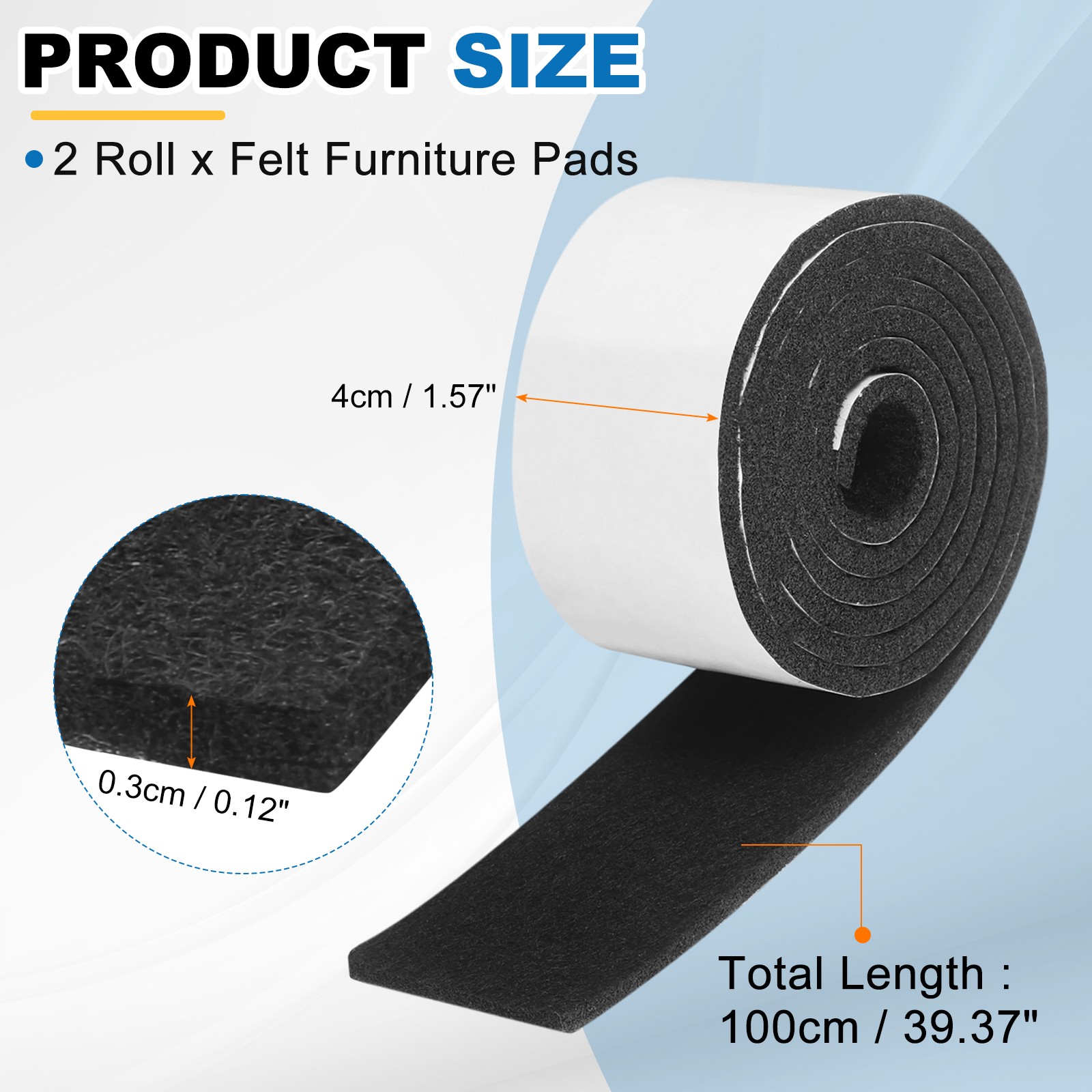 2 Roll Felt Furniture Pads 39"x1.6"x0.12" Non-Slip Floor Protectors Black