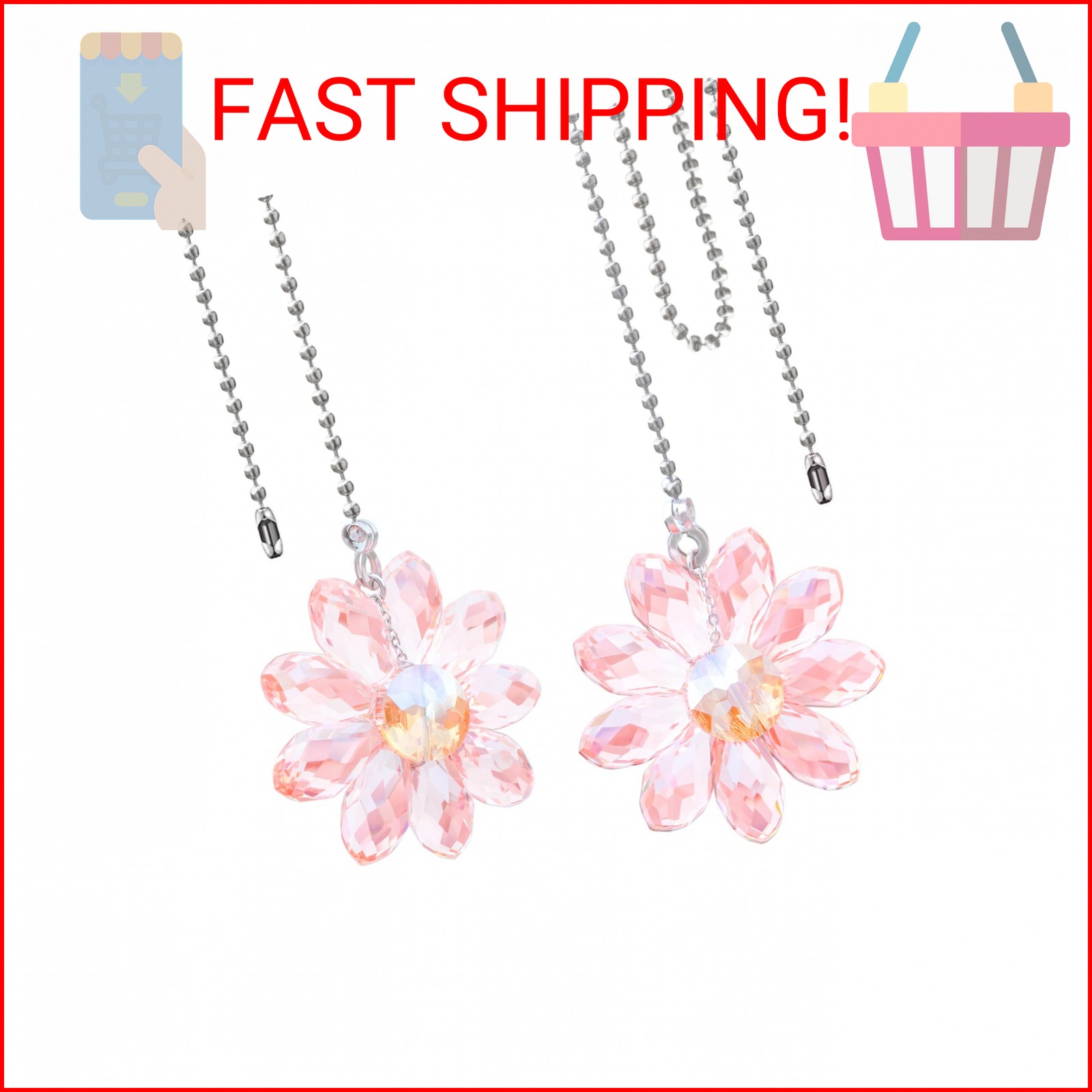 LEFERS Ceiling Fan Pull Chain, 2 Pieces 1.8" Crystal Glass Flower Pendants with