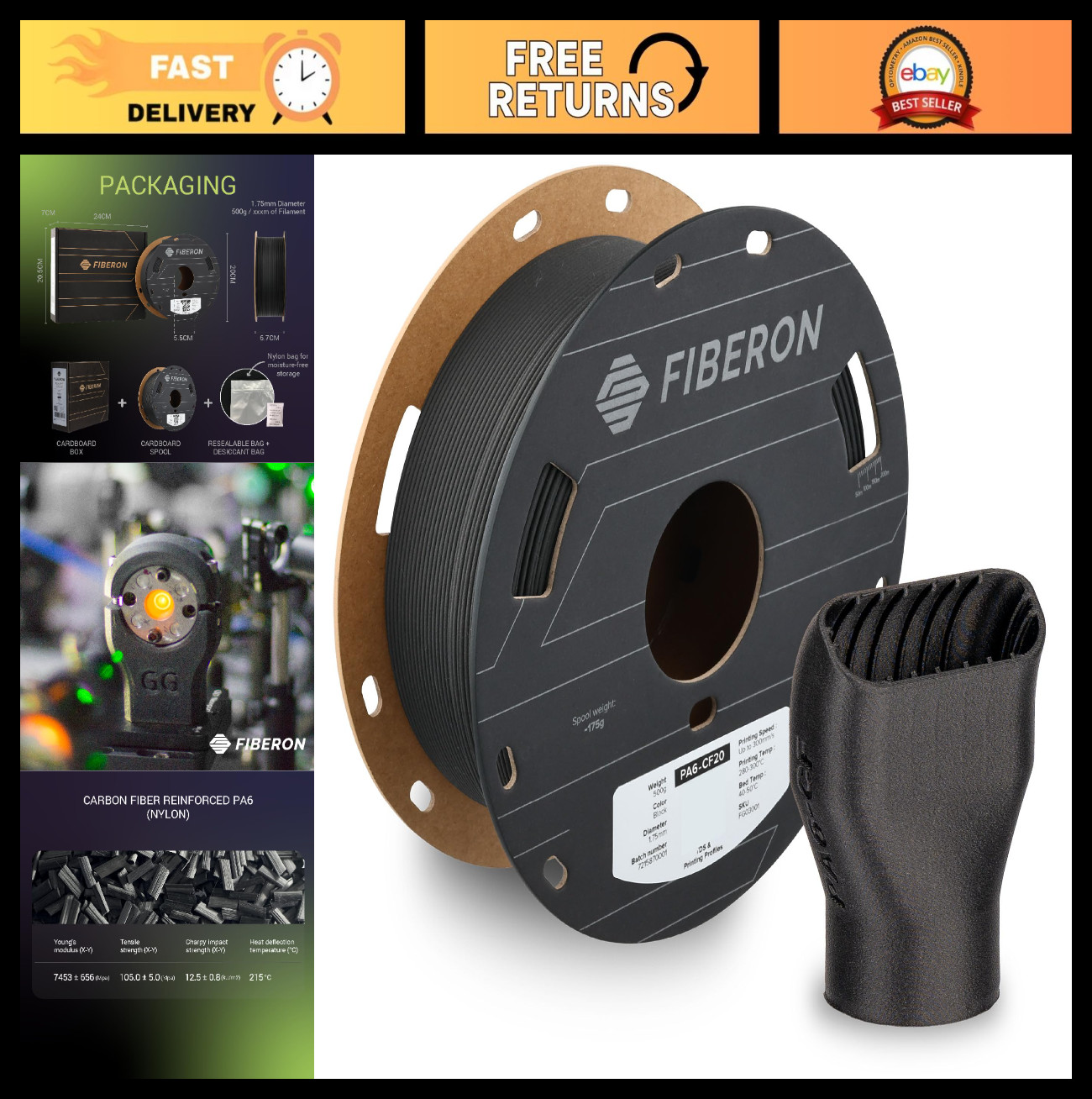 1.75mm Black Carbon Fiber Reinforced PA6 Nylon Filament 0.5KG - Strong, Heat Res