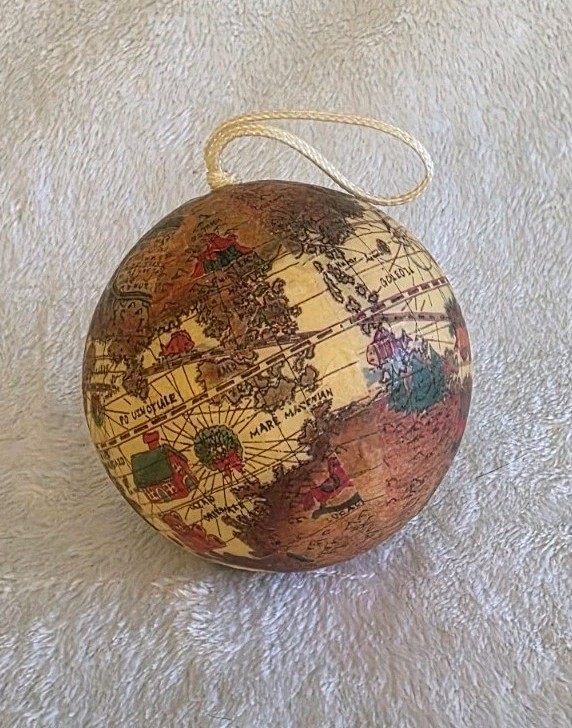 Vintage Holiday Old World Map Globe Ornament - Christmas Symbols - 4" Decoupage