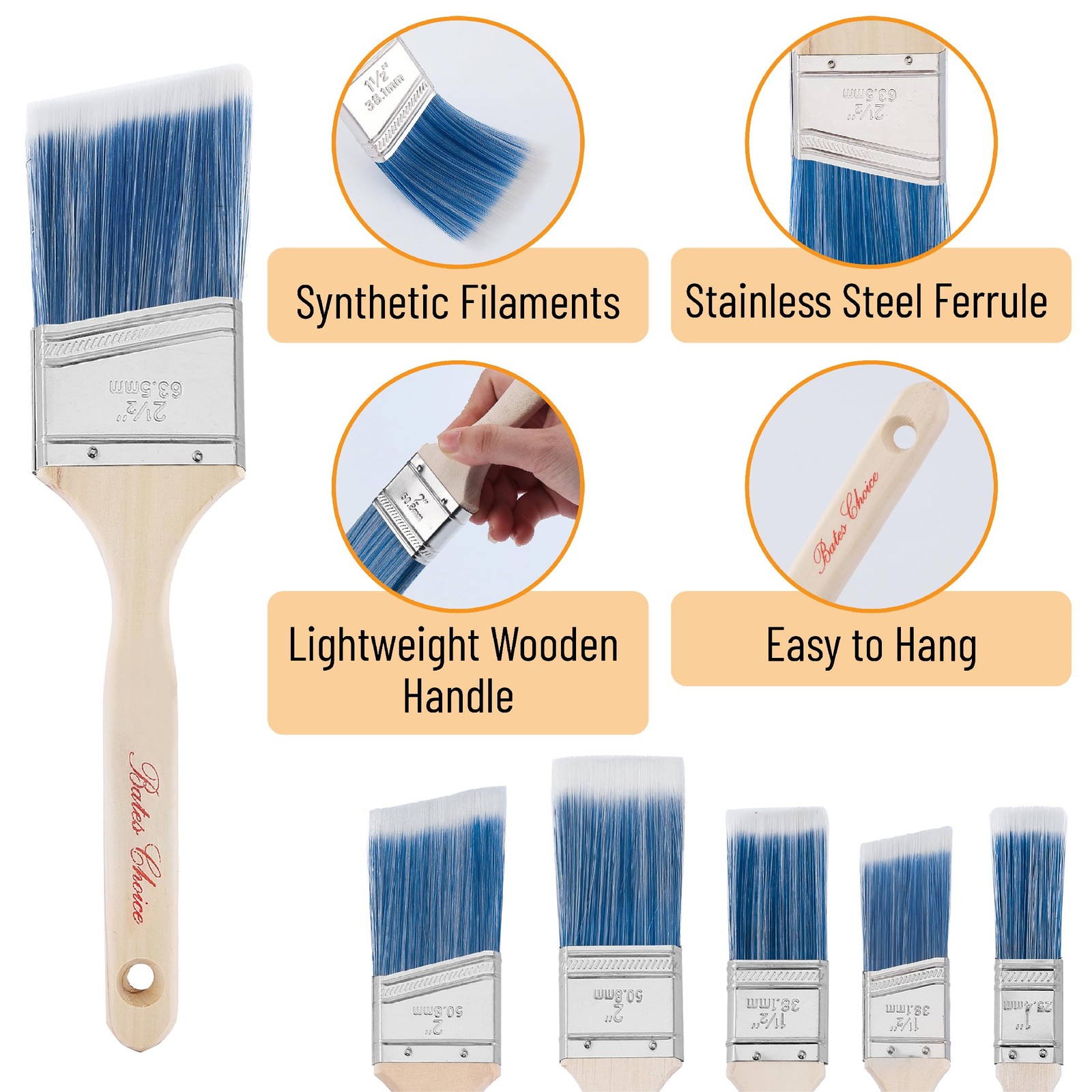 Bates- Paint Brushes, 2-Inch, 3 Pack, Angle Brushes, Treated Wood Handle, Paint