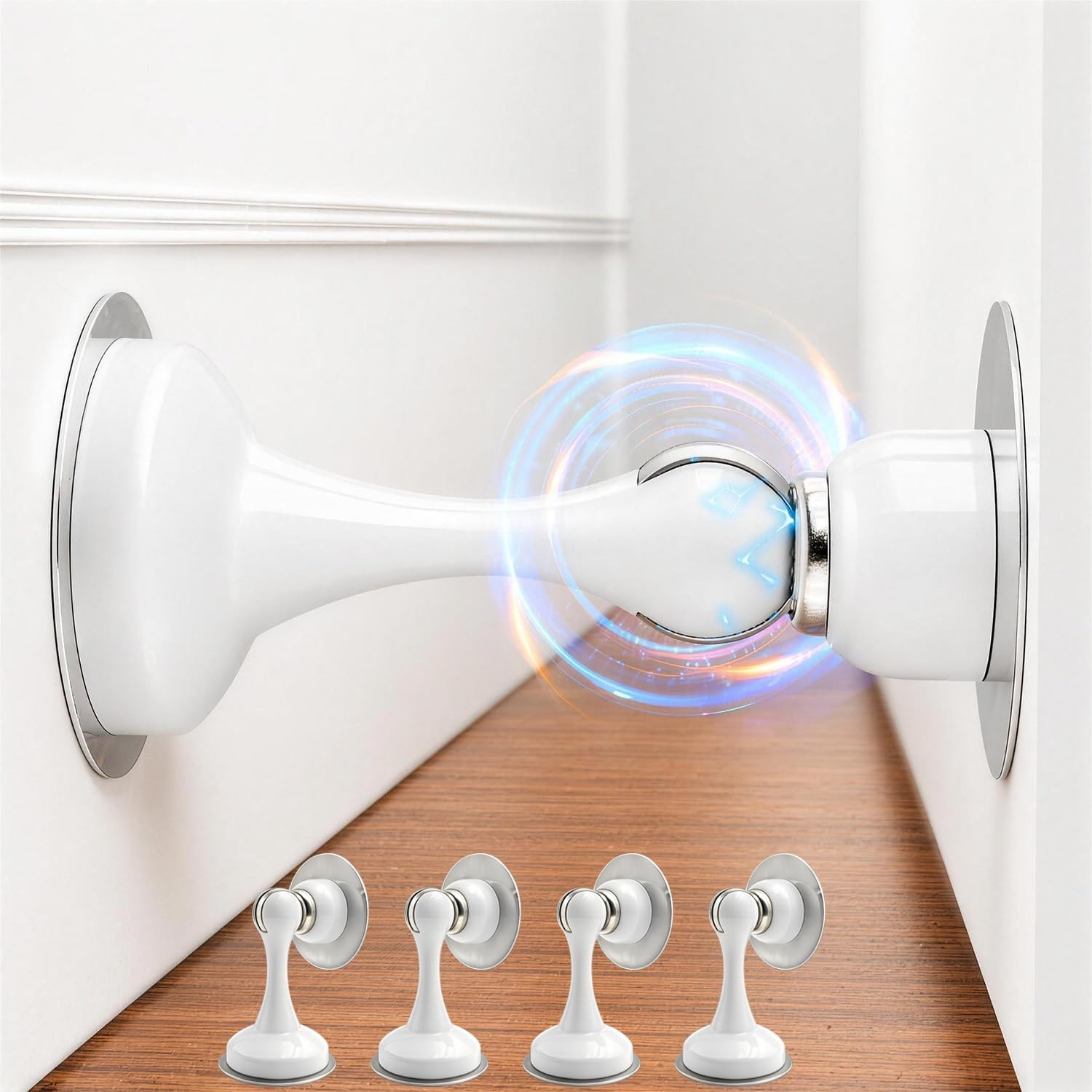 4 Pack White Magnetic Door Stops No Drilling with Adhesive