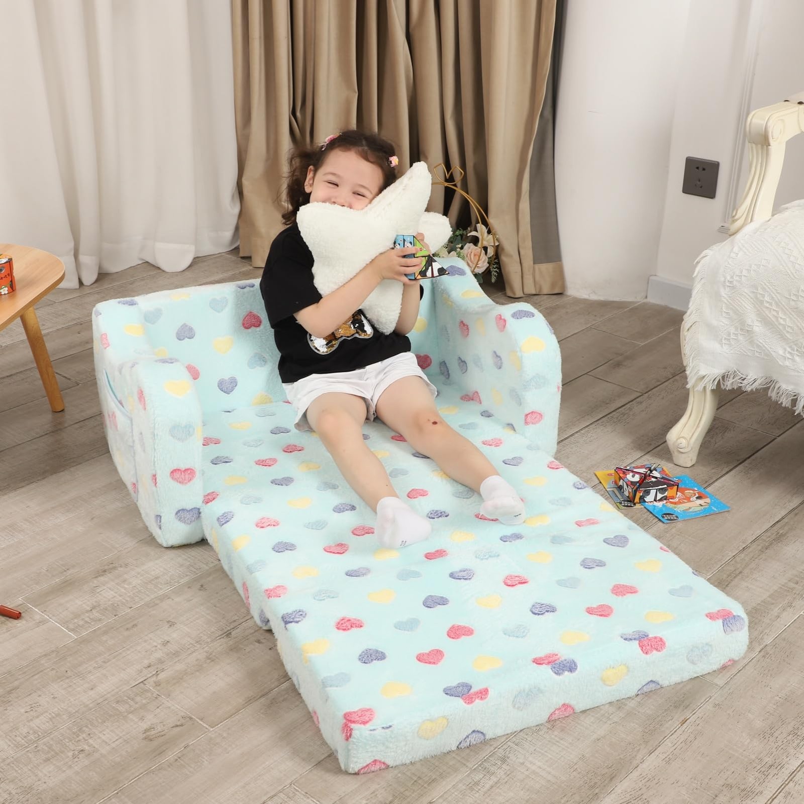 Couch, 2-in-1 Soft Couch Fold Out with Star Pillow, Foldable Sofa to Lounger,...