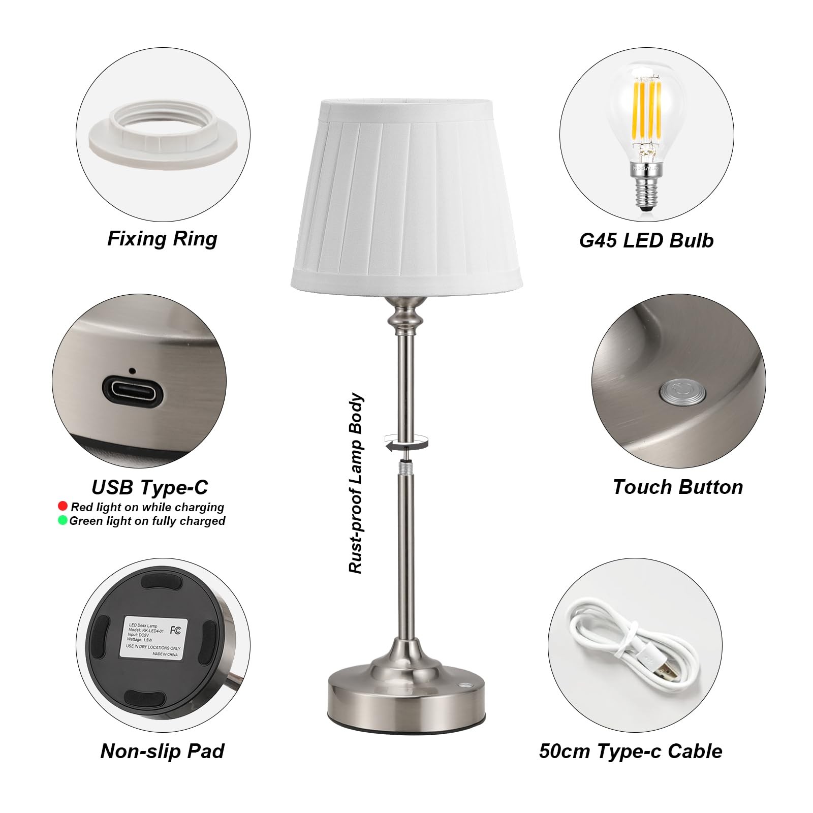 Kakanuo Cordless Table Lamp Rechargeable Silver - 4000mAh Battery, Dimmable