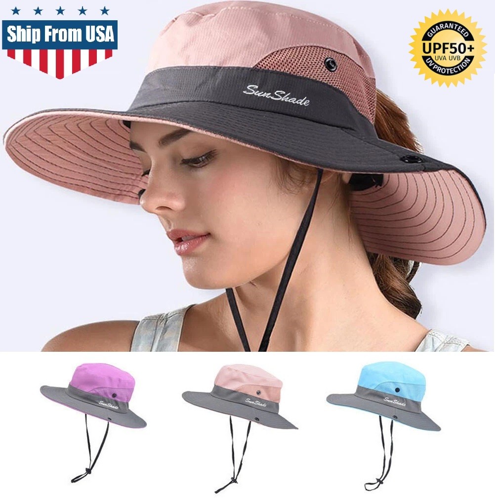 Women's Summer Bucket Hat Travel Boonie Ponytail Wide Brim Sun UV Protection Cap