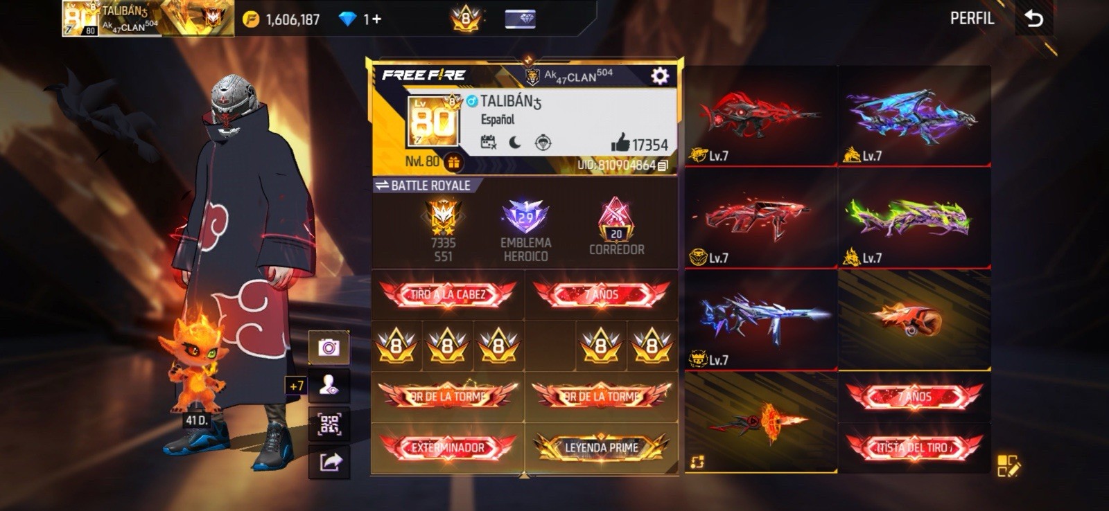 Free Fire Level 80 Game Account UID 810904864 1,606,187 Coins 17,354 Likes