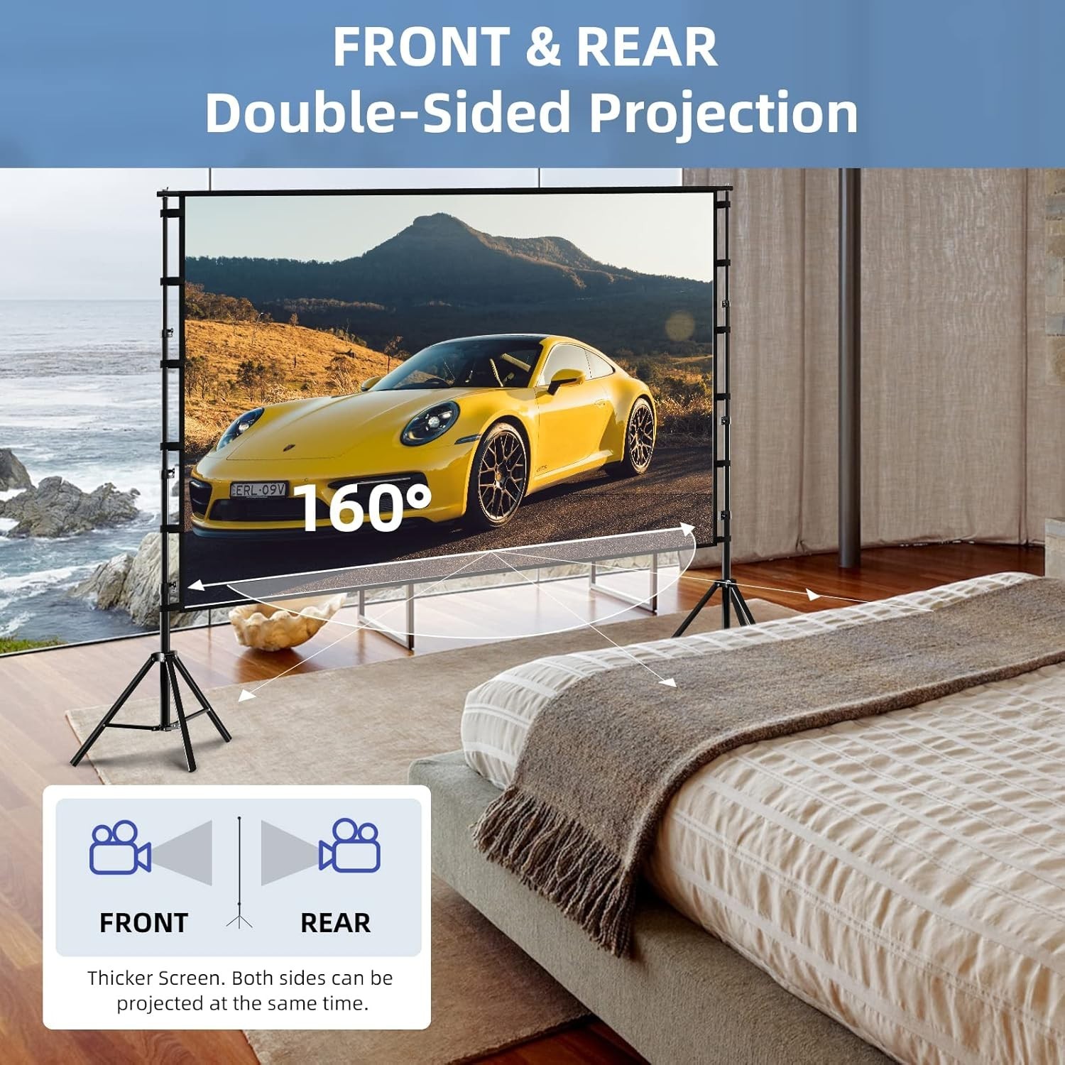 Portable 120 Inch Projector Screen w/ Stand 4K UHD 16:9 HD Wrinkle-Free Cinema