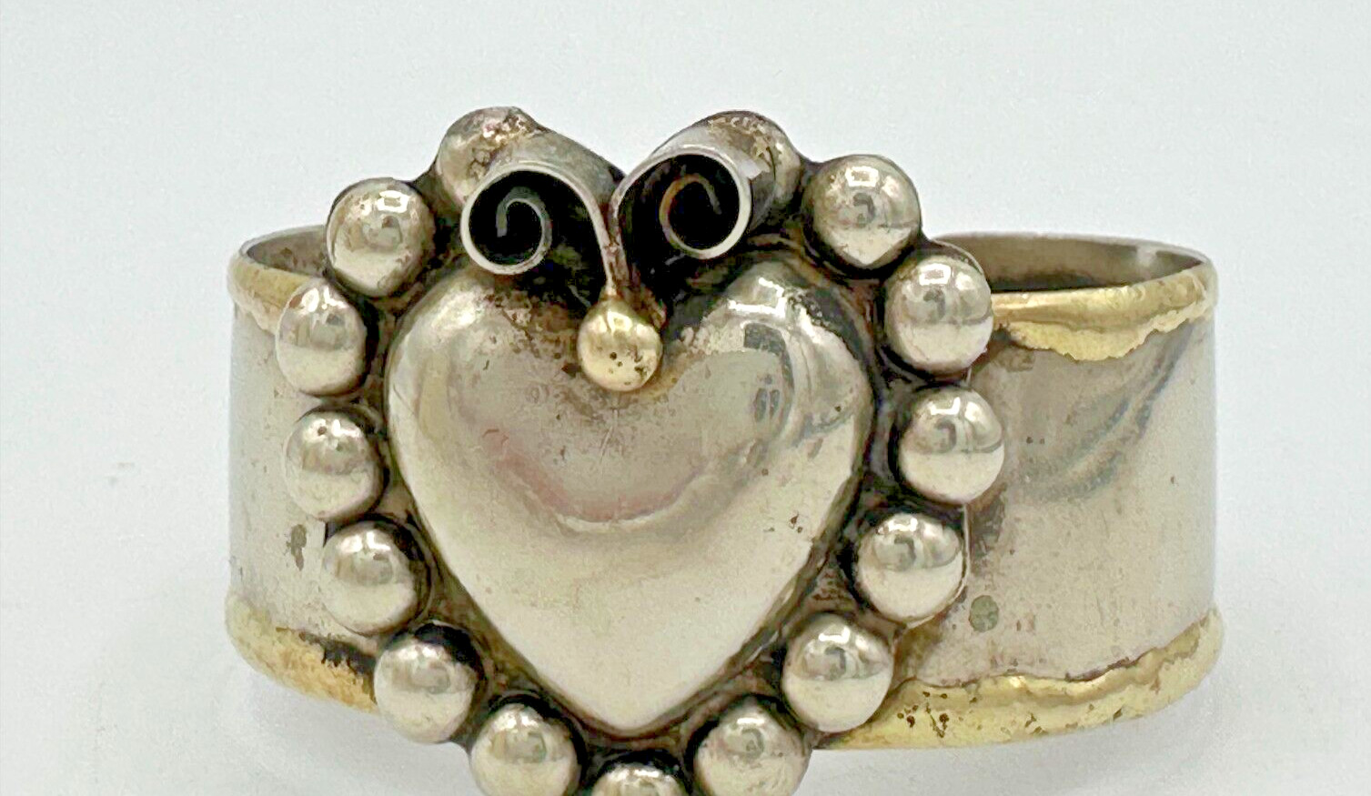 Artisian Crafted Mixed Metal Bracelet - Heart - Swirl -  Cuff Style - Tarnish