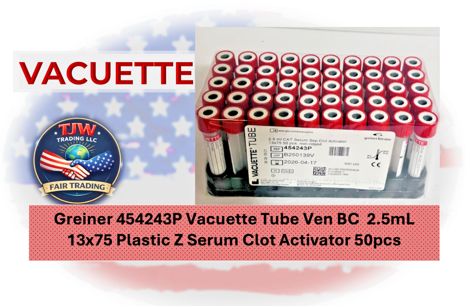 Greiner  454243P Vacuette Tube Ven BC  2.5mL 13x75 Plstc Z Srm Clt Actvtr 50pcs