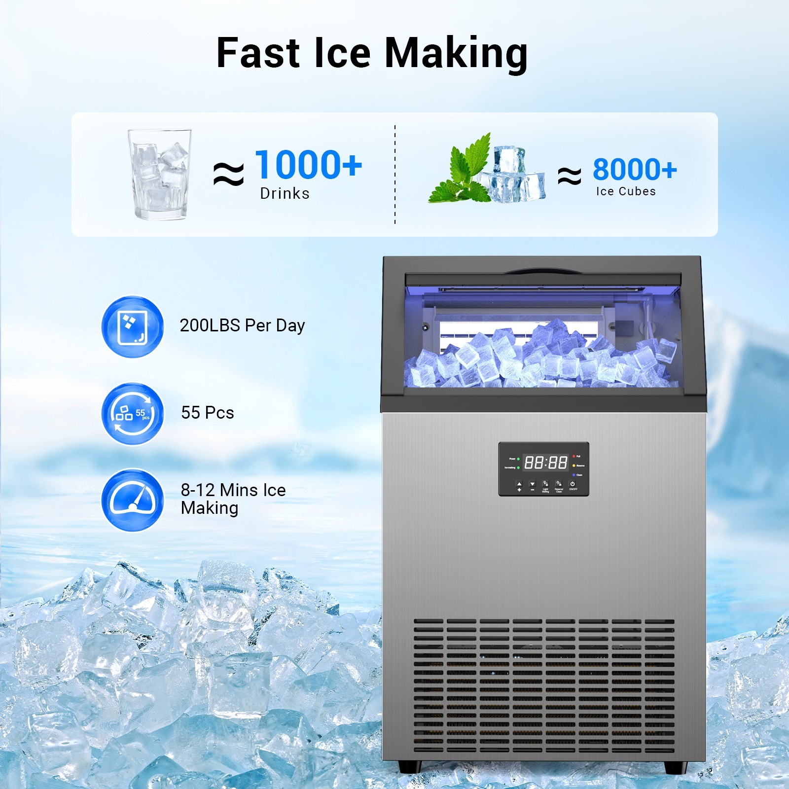 200Lbs Commercial Ice Maker Bar Restaurant Ice Cube Machine with 45lbs Storage
