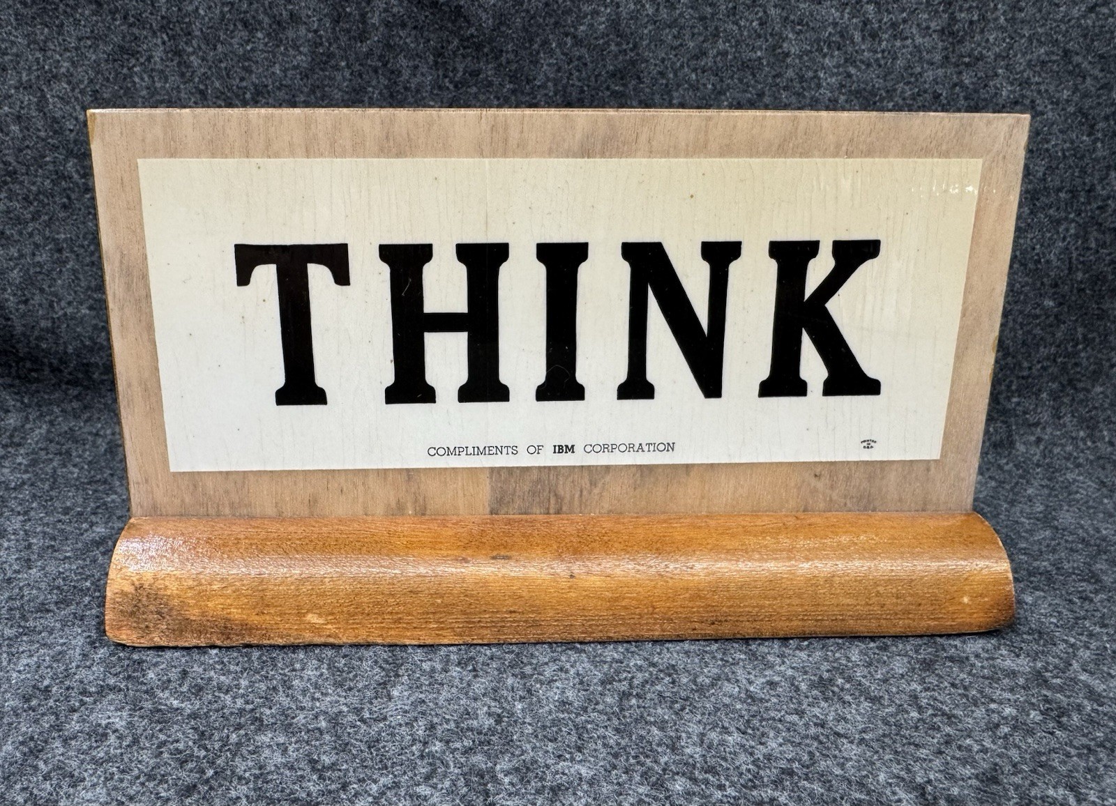 Vtg 1960's Wood Wooden Double Sided Think Desk Plaque Slogan Compliments of IBM