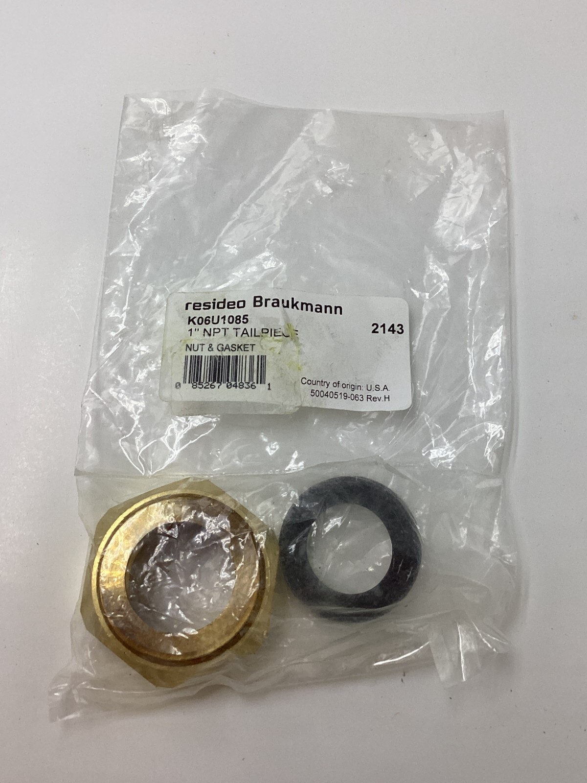 RESIDEO BRAUKMANN K06U1085 1" Union Threaded Tail Piece Nut Gasket for D05