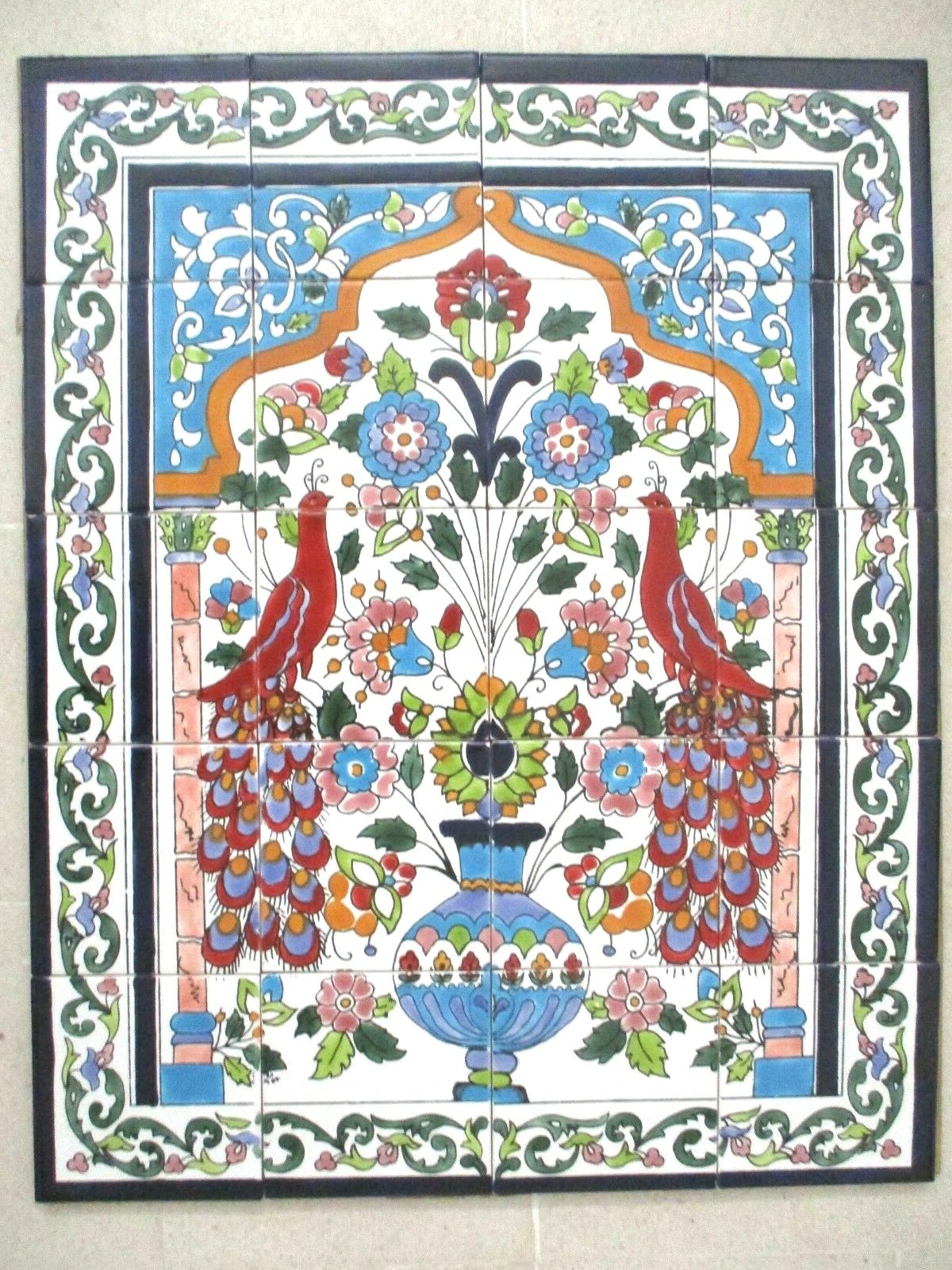 24" x 30" Ceramic tile art Mosaic wall mural panel floral Peacock BACKSPLAH