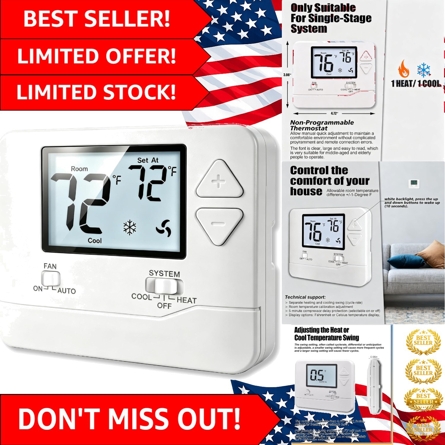 1H/1C Manual Thermostat with Backlit Display—Energy Efficient Control