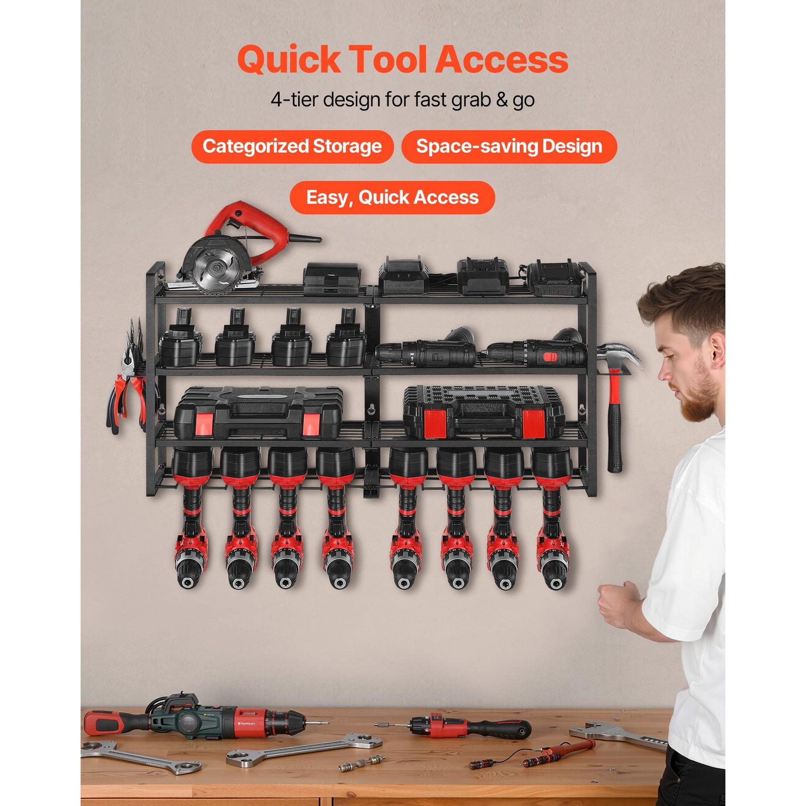 Power Tool Organizer Wall Mount, 4-Layer Storage Rack with 8 Drill Holders