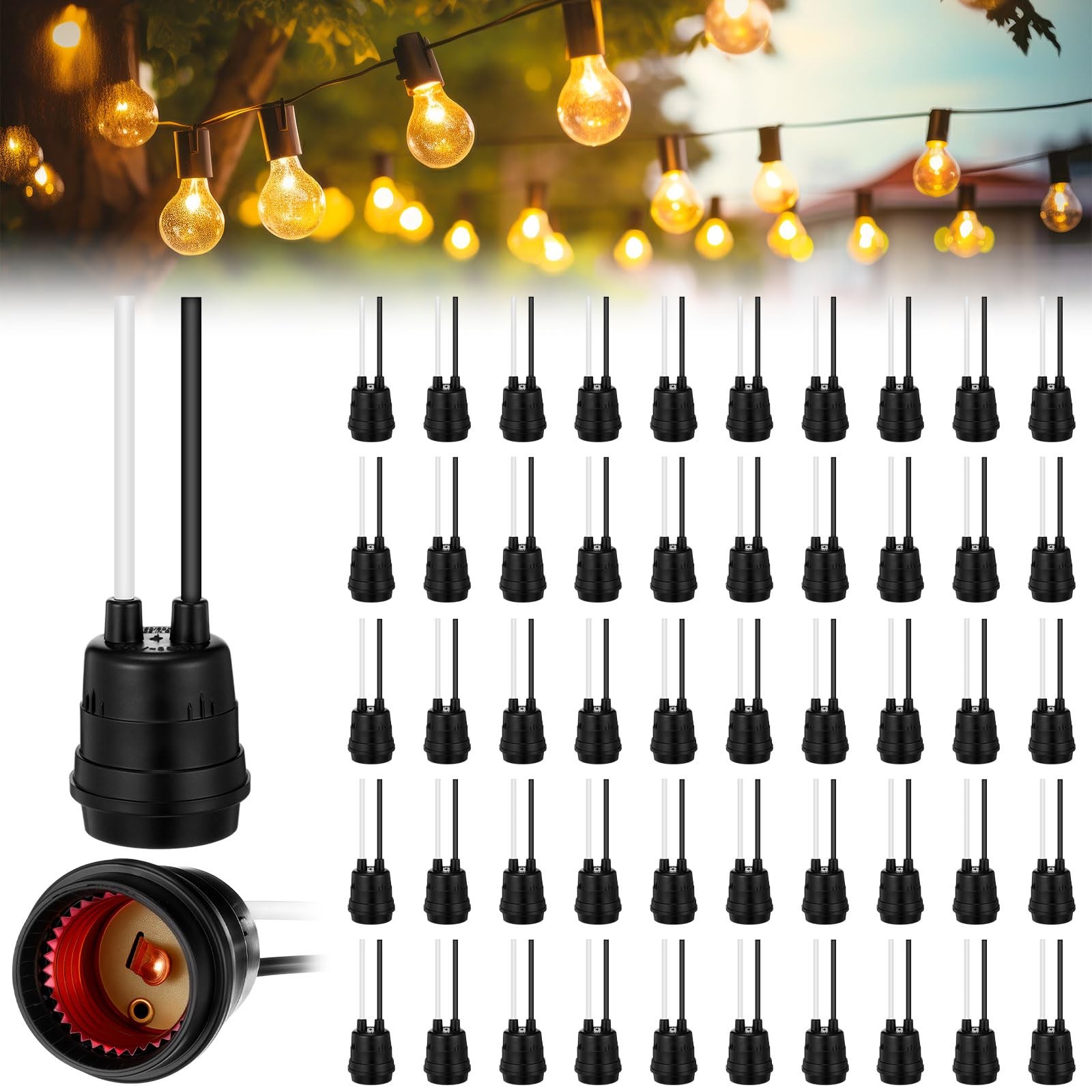 50 Pcs Black Pigtail Lamp Holder Light Sockets E26/ E27 Fully Sealed Waterpro...