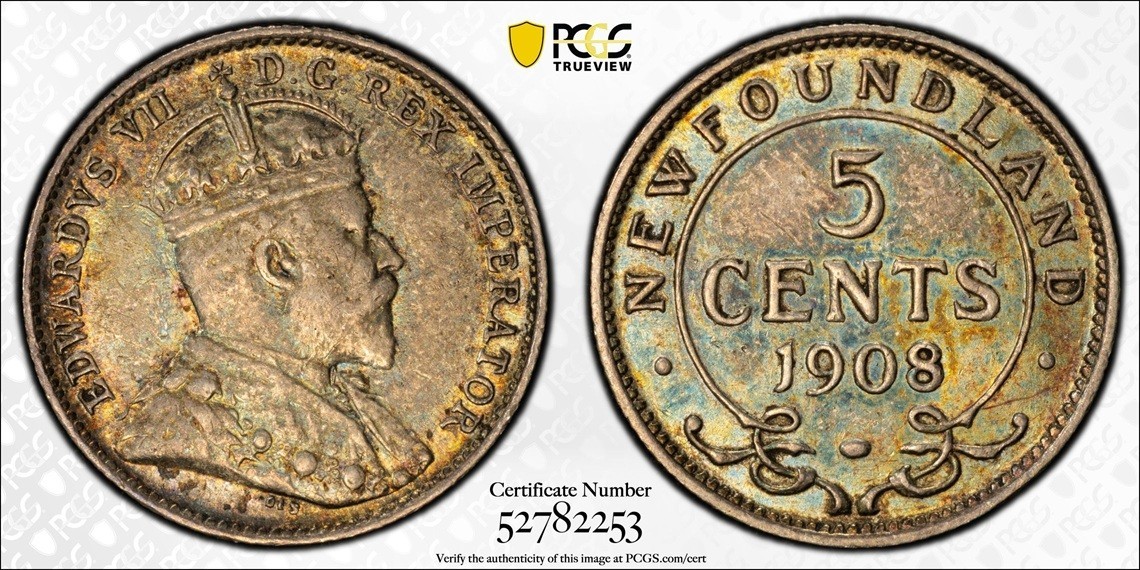 1908 Newfoundland 5 cents silver PCGS AU58