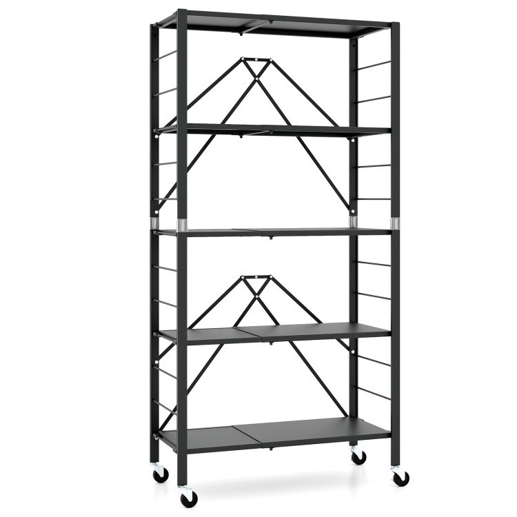 5Tier Heavy Duty Metal Rack Freestanding Shelving Foldable Storage Shelf w/Wheel