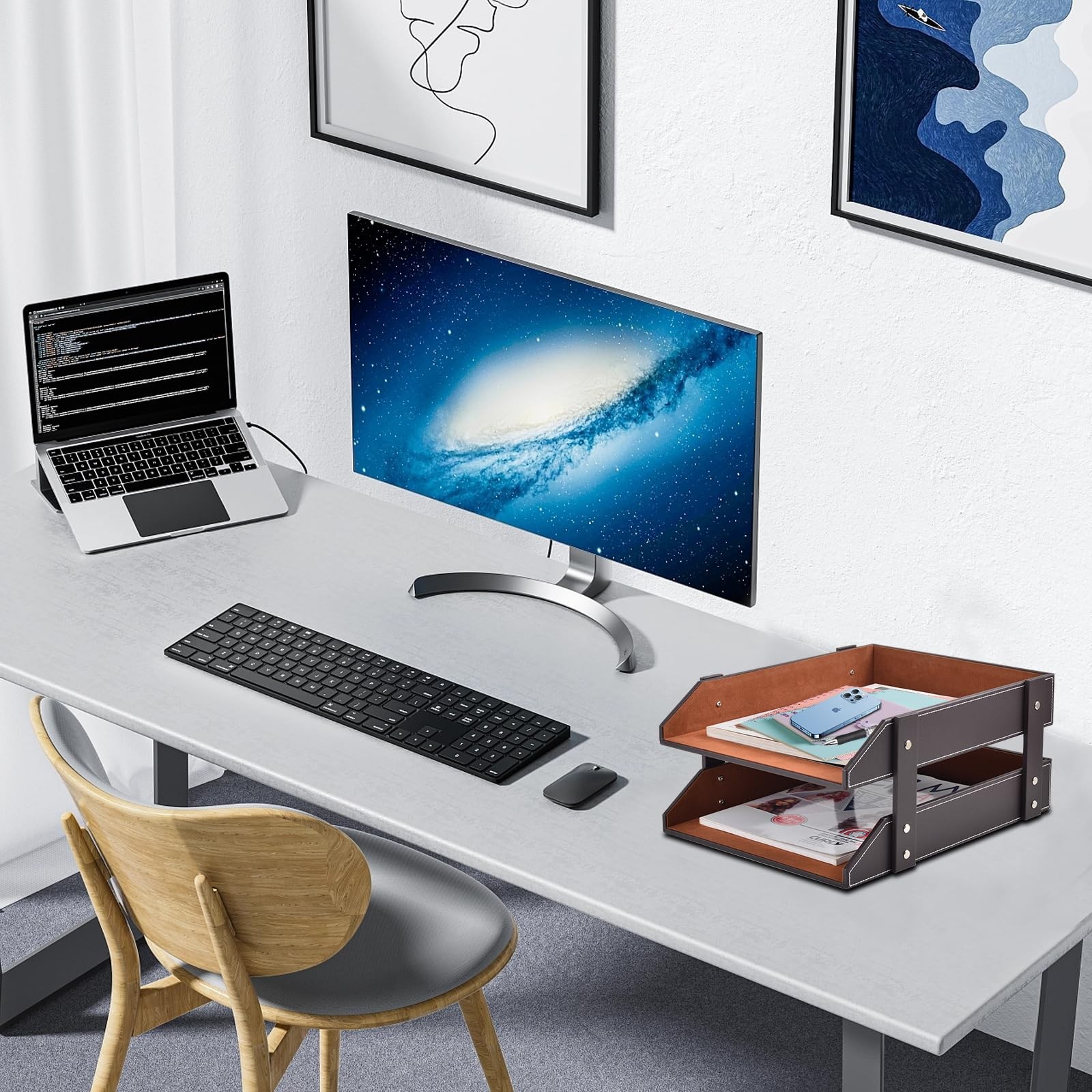 Leather Desk Organizer,2-Tier Stackable Letter Tray Holder,Office Supplies De...