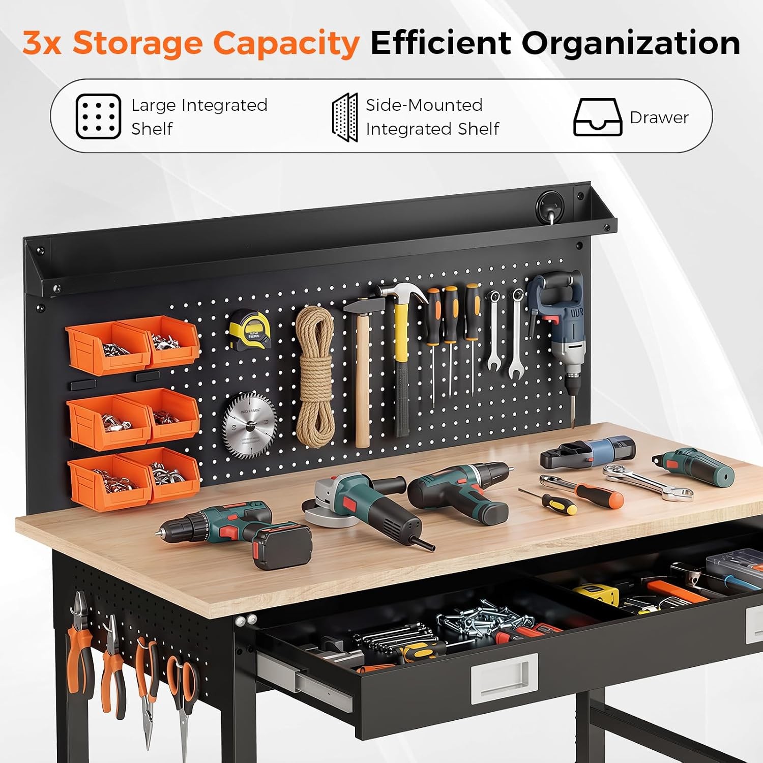 48" Adjustable Work Bench with Drawers Workbench for Garage with Strip Light
