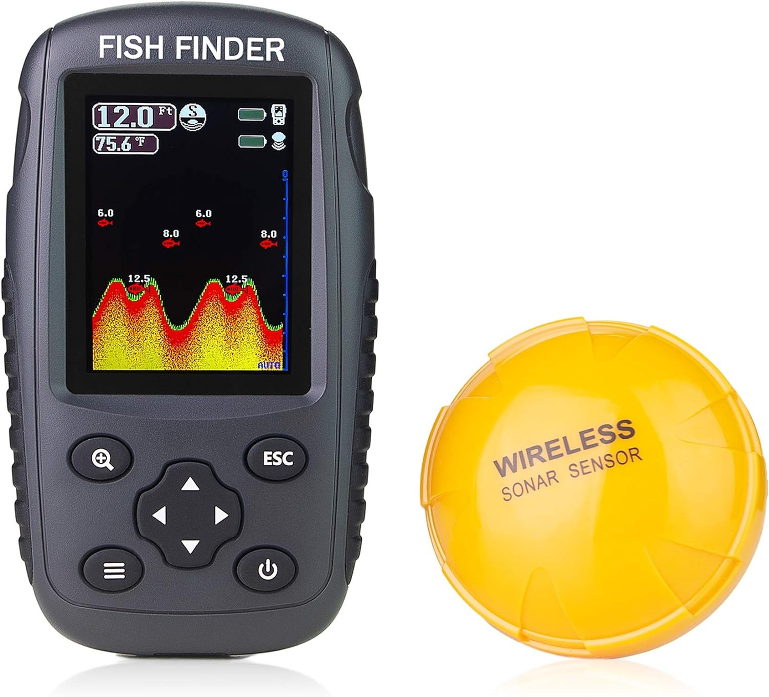Portable rechargeable wireless sonar fish finder with color LCD screen,