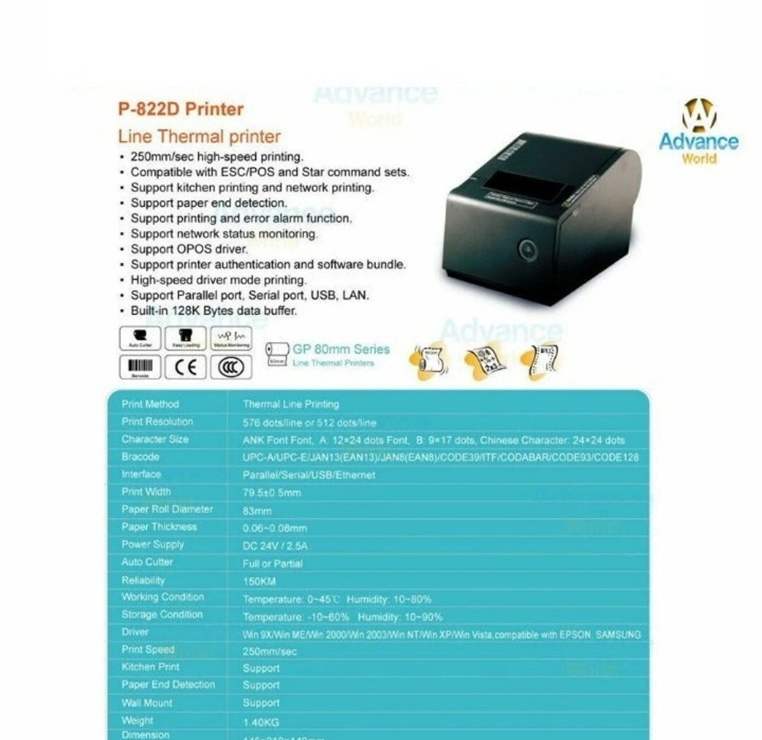 PBM P-822D/GP-80250 THERMAL RECEIPT USB+ IP 3 In 1 PRINTER /印表机驱动, Ship Same Day