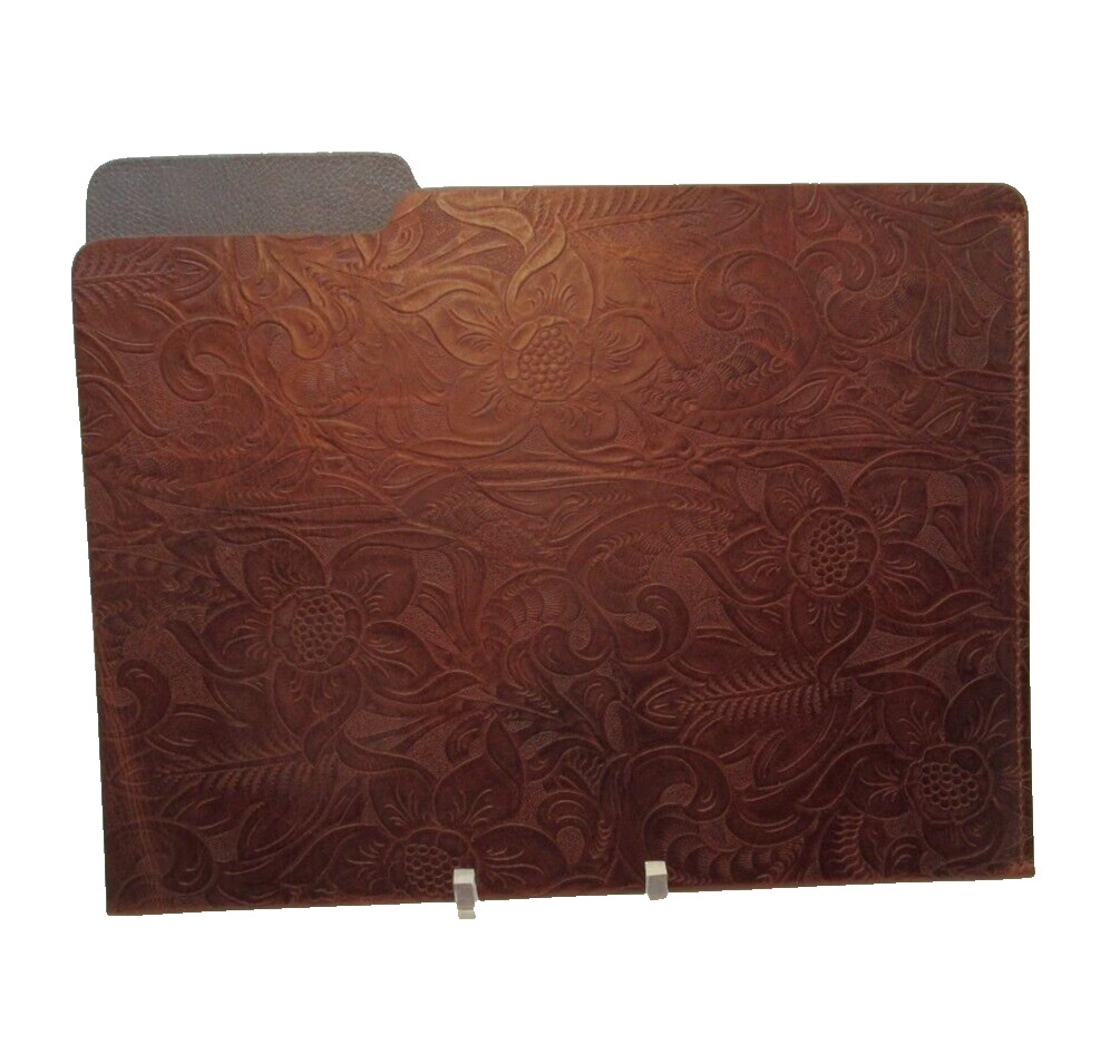 File Folder Leather Floral Embossed Graphic Image Made in America Brown