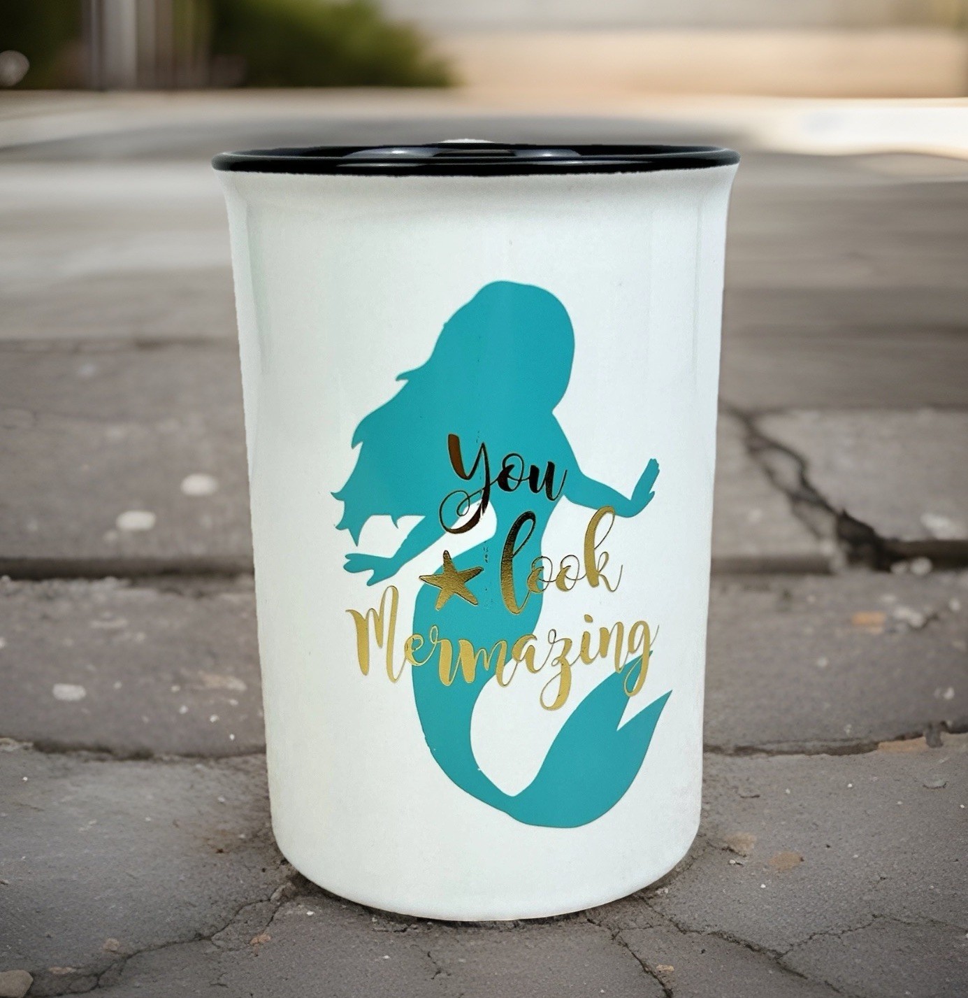 Mermaid “You Look Mermazing” Ceramic Brush Or Pen Holder IMPERFECTIONS Teal 5”