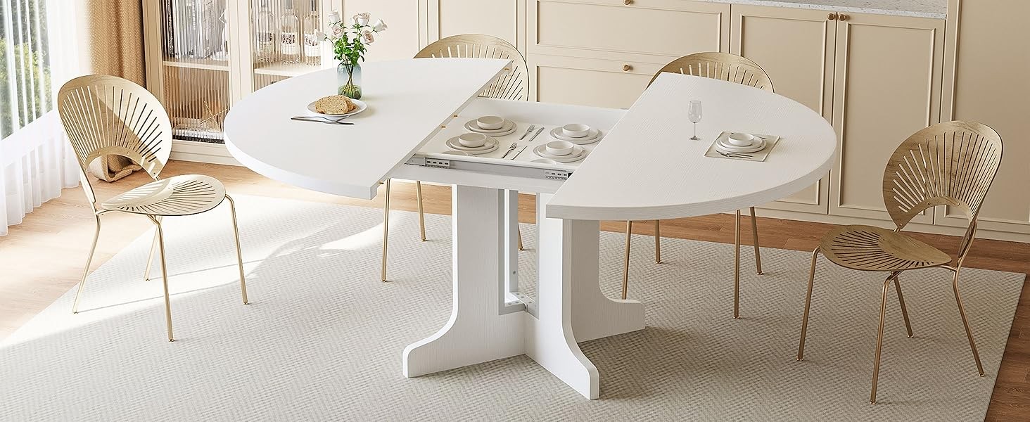 59" Extendable Round Dining Table for 4-6, Modern Kitchen Table with Heavy Duty