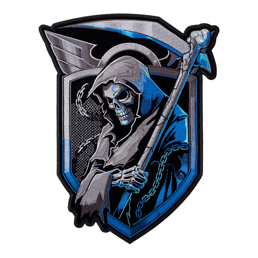 Angel Of Death Blue Shield Patch, Grim Reaper Skull Patches