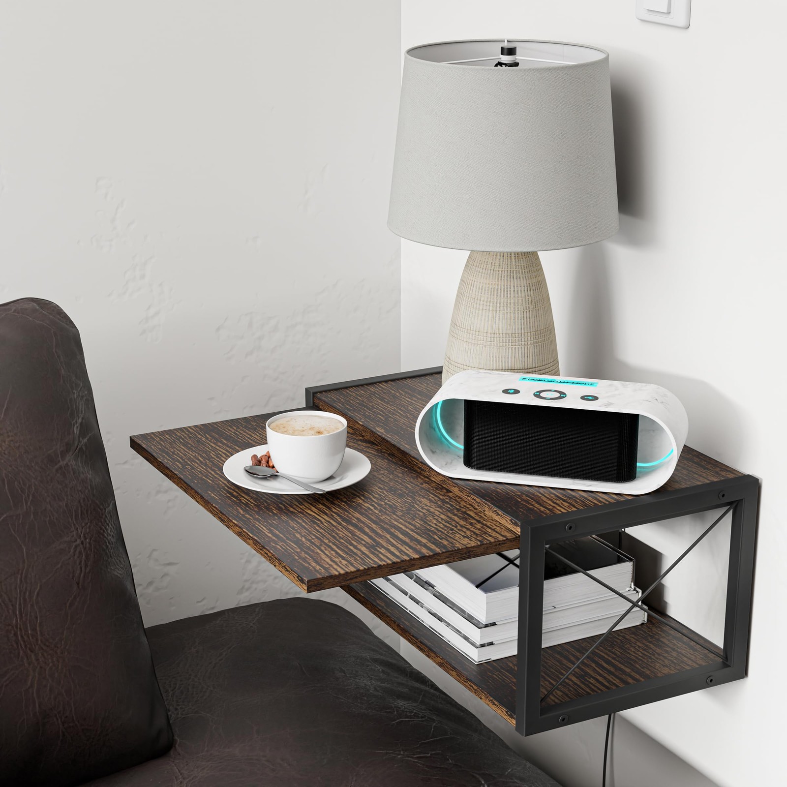 2-Tier Floating Nightstand, Wall Mounted Bedside Table, Wood Bedside Shelf Wa...