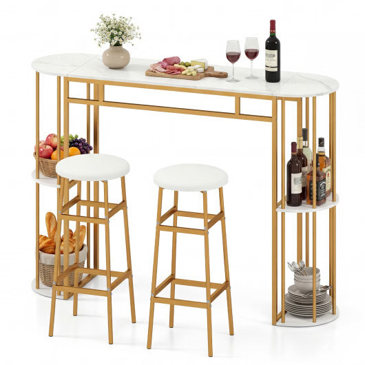 60 Inch Dining Table and 2 Upholstered Barstools with Faux Marble Tabletop-White