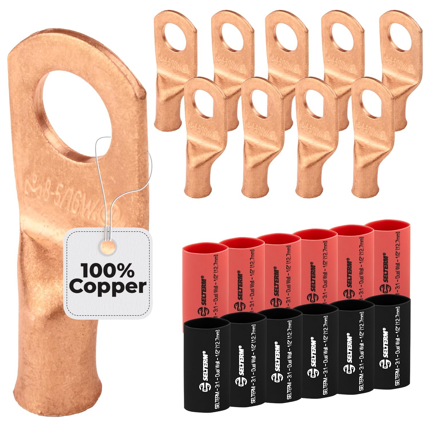 SELTERM 10pcs - 8 Awg 5/16 Stud Wide - Battery Lugs - Ring Terminal Connector...