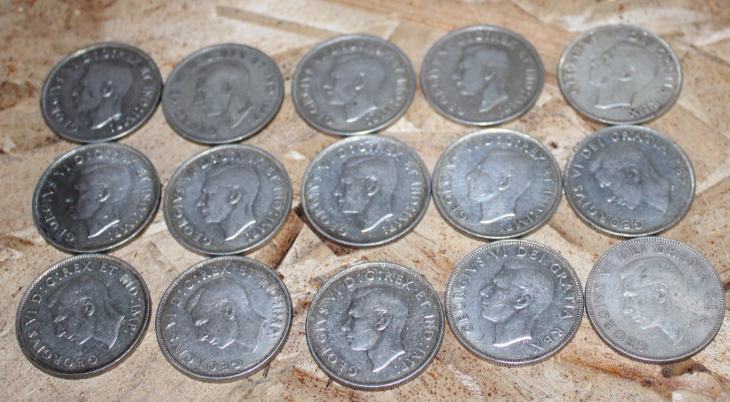 15 1937-1952 CANADIAN HALF DOLLARS 80% 4.9355 OUNCES OF SILVER FREE SHIPPING