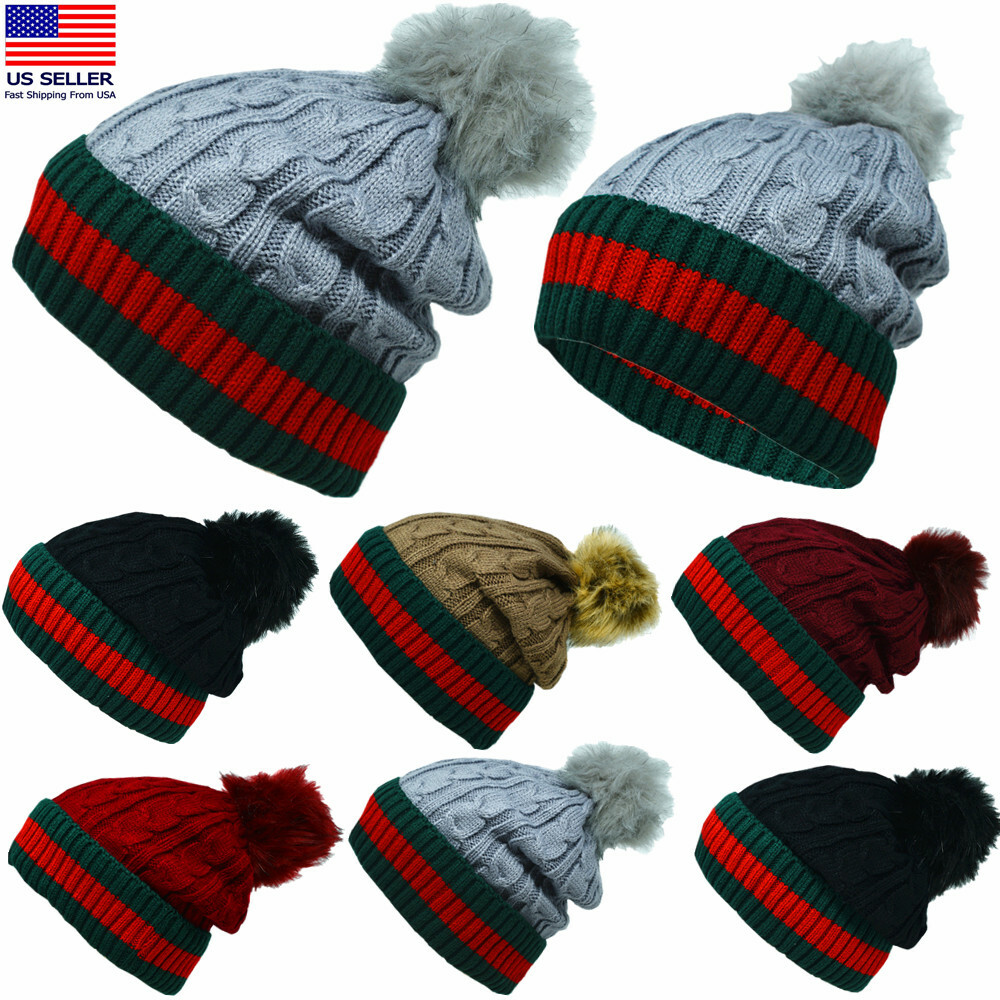 Winter Knitted Pom Slouchy Baggy Beanie Hat Fur lined Thermal Striped Ski Cap