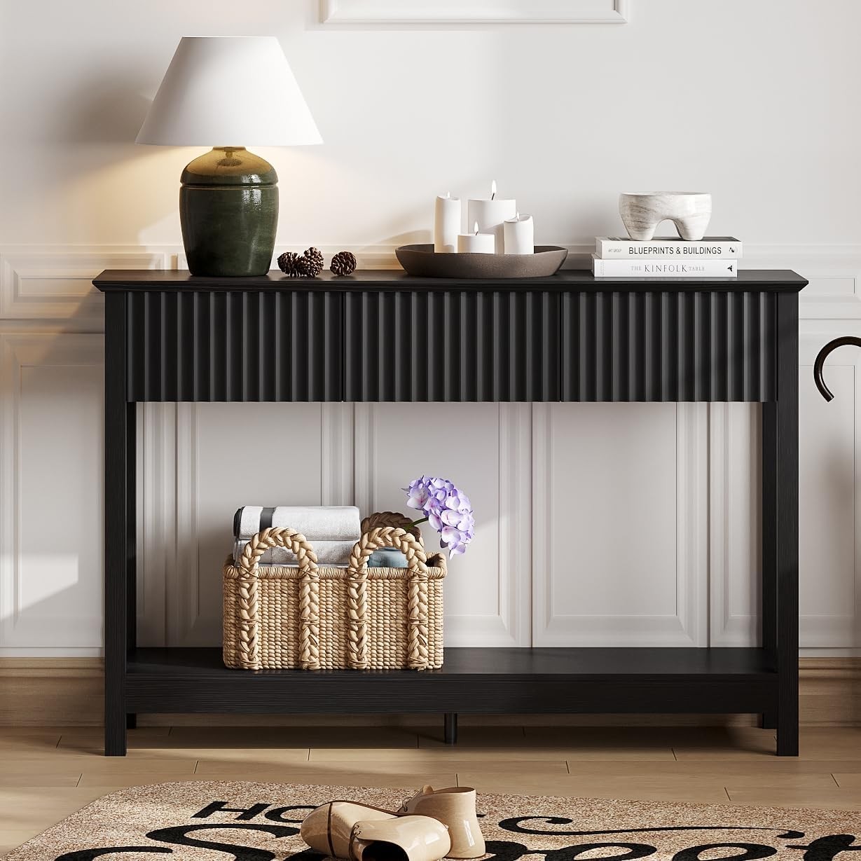 47" Fluted Console Table W/ 3 Drawers Narrow Long Entryway Table W/ Storage &