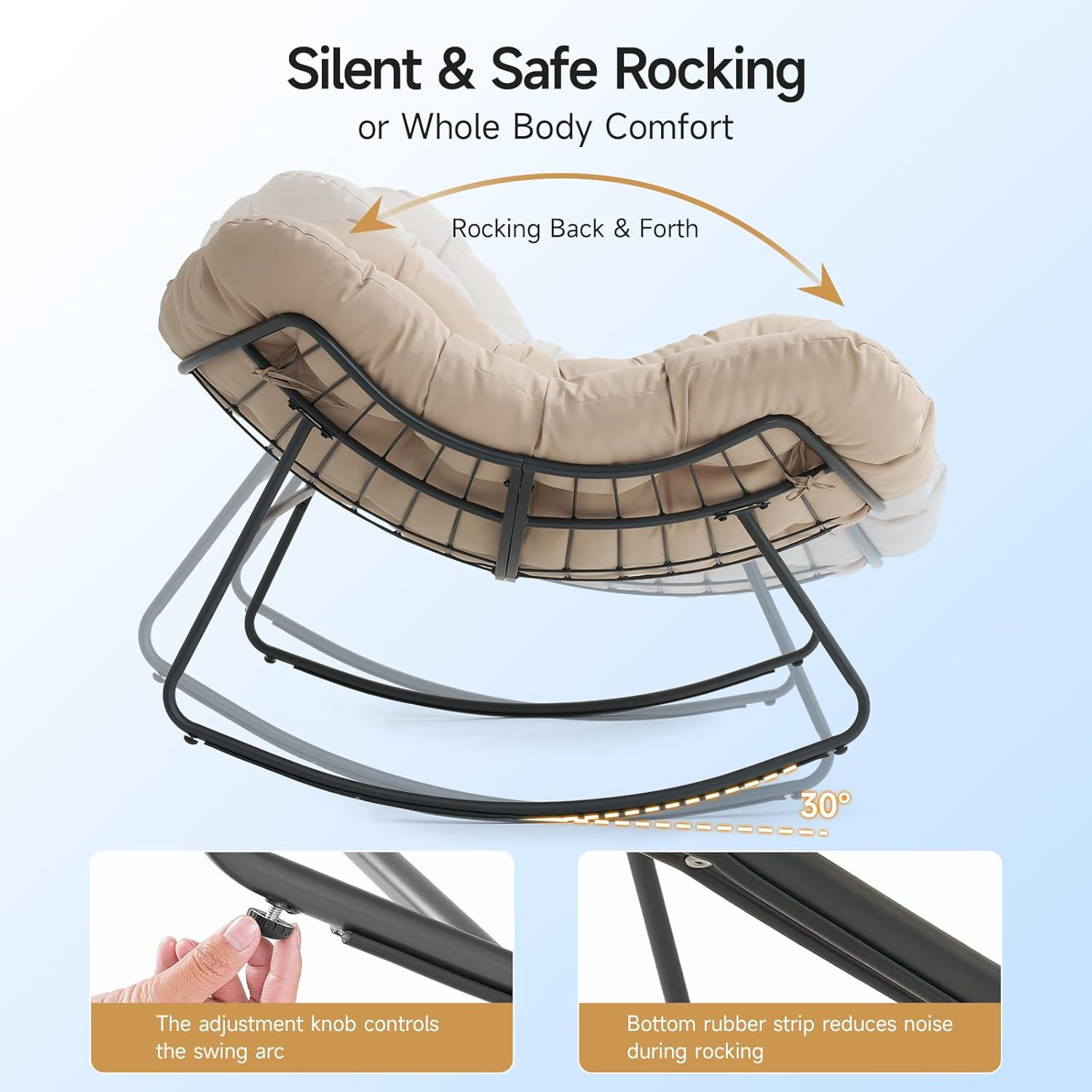 Papasan Rocking Chair Indoor, Oversized Rocking Chair with Thickened Cushion, 45