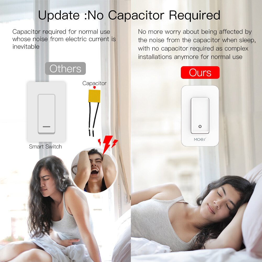 MOES WiFi Smart Light Switch No Neutral Wire Required No Capacitor Remote 2 Pack