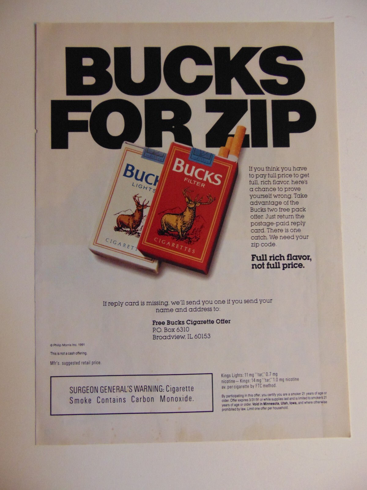1991 BUCKS FOR ZIP Cigarettes Offer vintage print ad