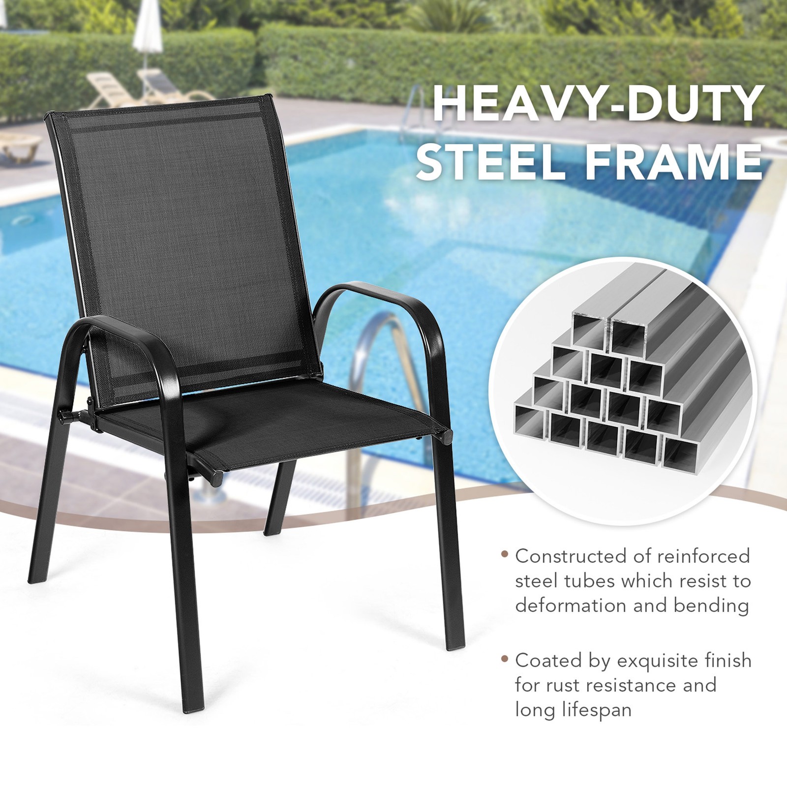 Set of 4 Patio Chairs Dining Chairs w/ Steel Frame Yard Outdoor Black