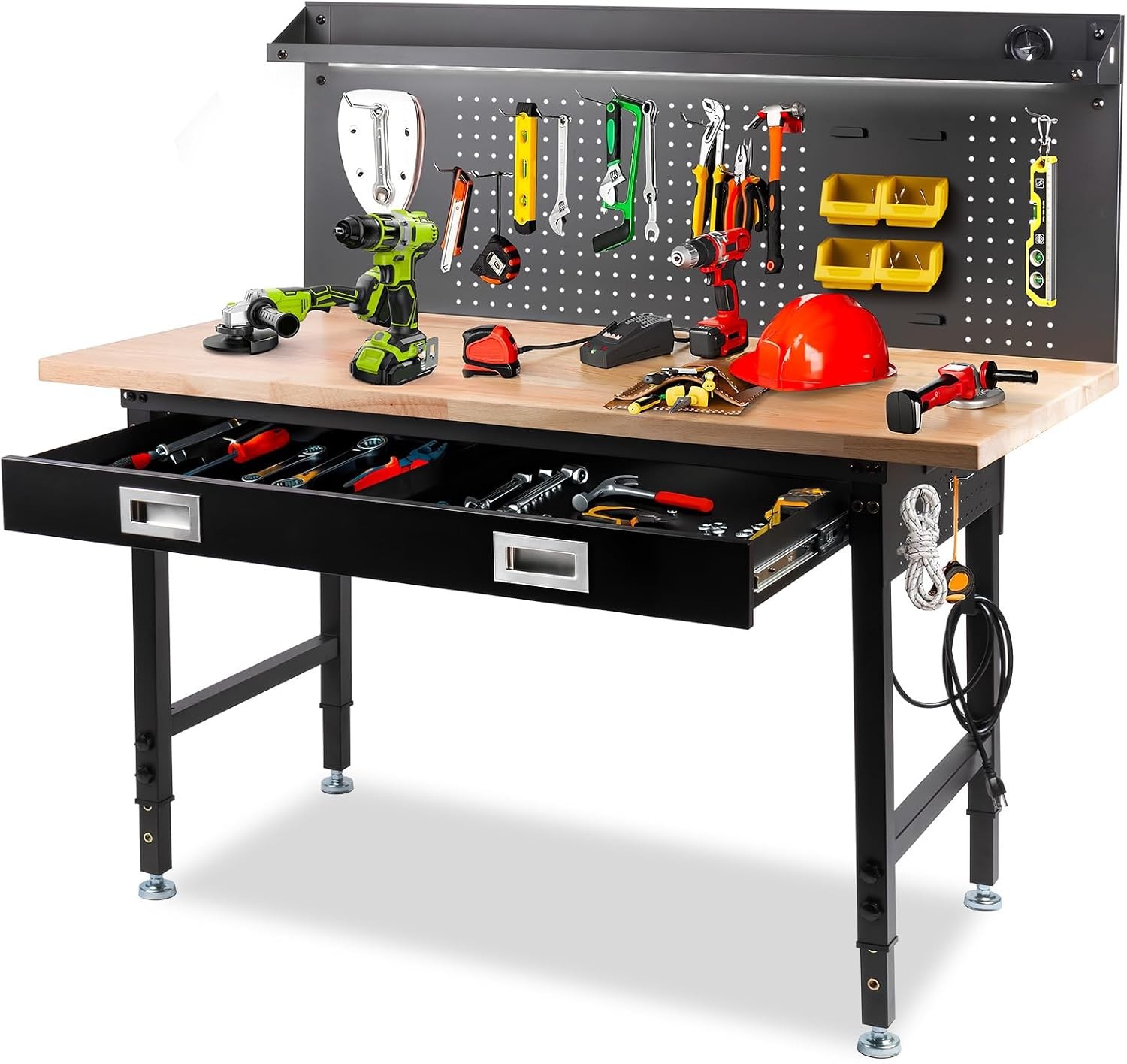 60" Workbench with Drawers Work Benches for Garage with Strip Light Adjustable