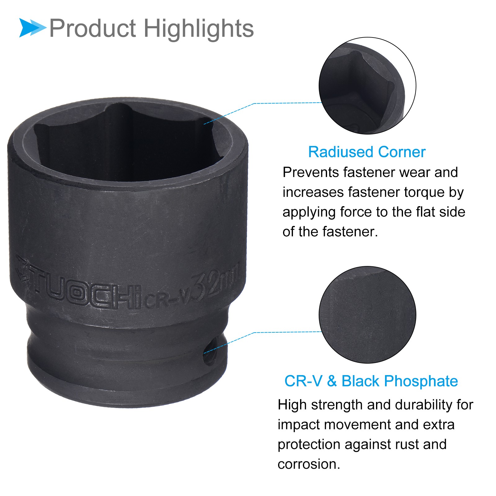 Deep Impact Socket 1/2 Inch Drive 6-Point 32mm CR-V Metric Deep Sockets