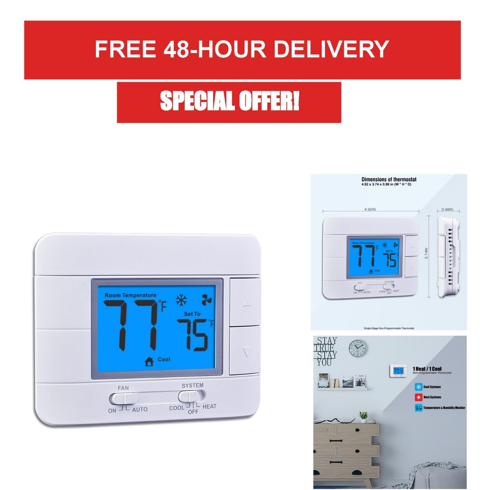 Garystat Digital Non-Programmable Thermostat 1 Heat 1 Cool LCD Display