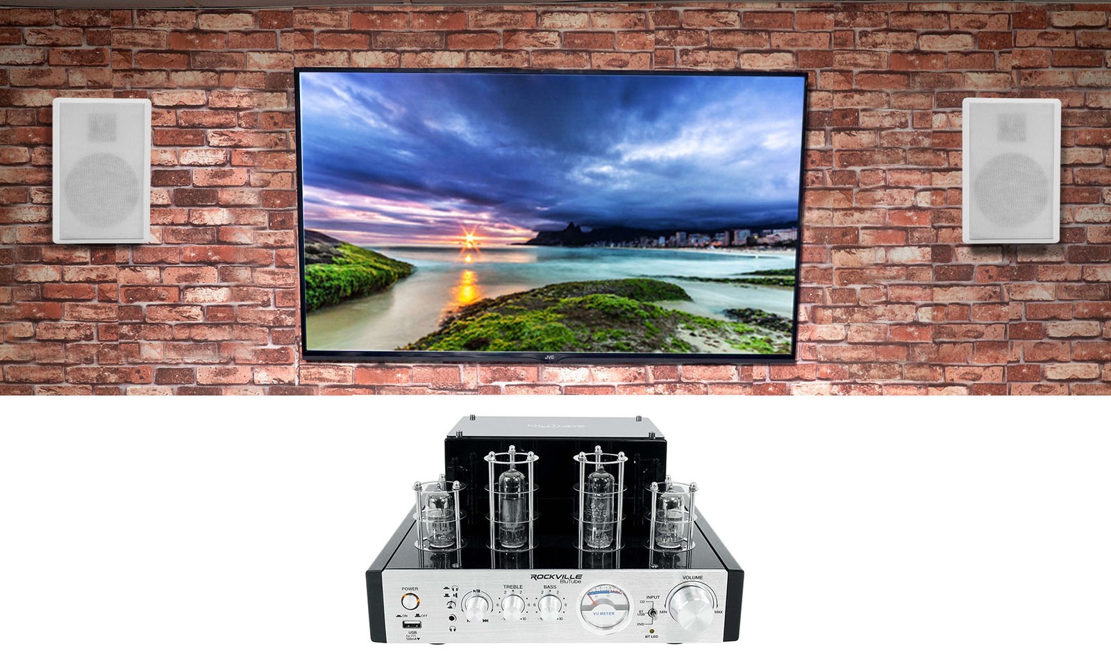 Rockville BluTube Tube Amplifier/Home Theater Receiver+2) Wall Speakers in White